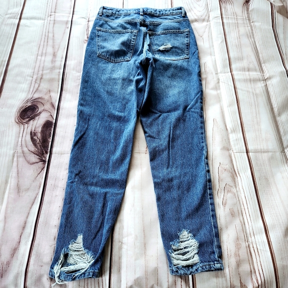 Topshop "Mom" Distressed Hem High Rise Straight Leg Blue Jeans | Women's Size 28 - Picture 10 of 14